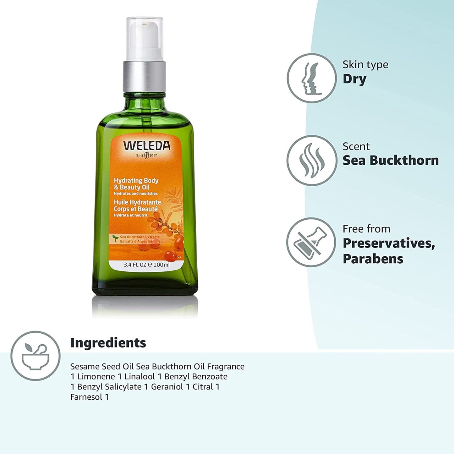 Weleda Hydrating Sea Buckthorn Body and Beauty Oil, 3.4 Fluid Ounce, Plant Rich Body and Beauty Oil with Sea Buckthorn and Sesame Oils