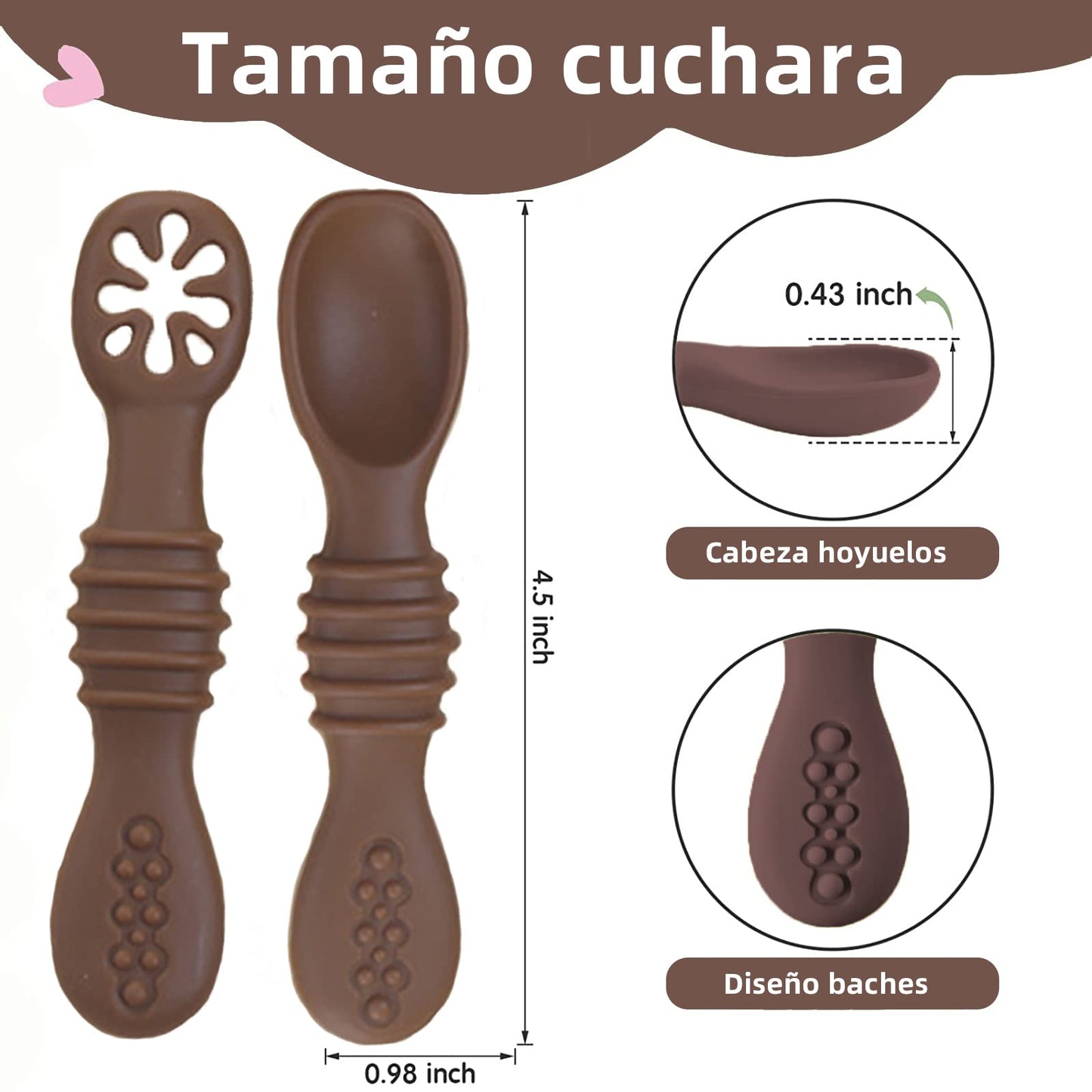 LEIDSANY Cucharas para bebe, cucharas de silicio para dietas de entrenamiento, silicona suave no contiene BPA, ejerce hábitos alimenticios independientes, aptos para bebe de todas etapas(Marrón)