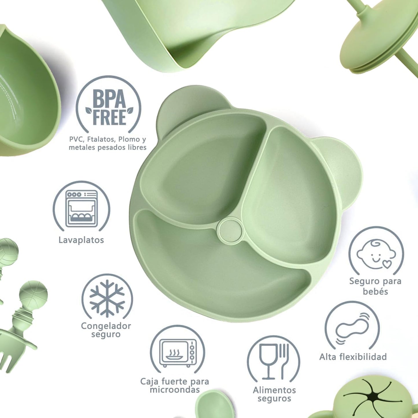 ALIYU Platos para Bebe Silicon 8PCS, Kit Alimentación Complementaria Bebe, Plato para bebe con ventosa, Baberos de silicona para bebe, Sin BPA, Fácil de limpiar, Vajilla bebe silicona (Verde)