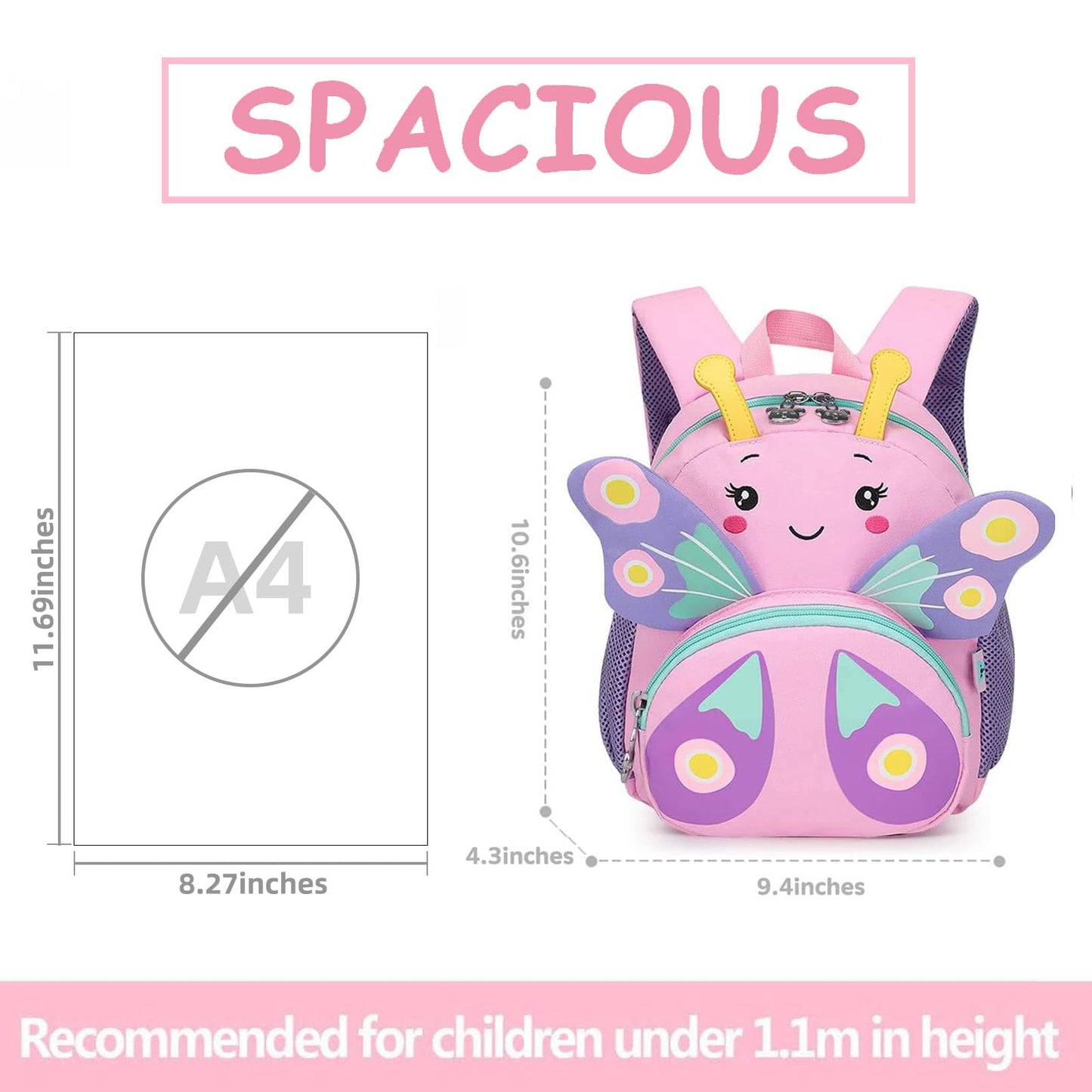 CAMTOP - Mochila para niños pequeños con dibujos animados en 3D, para niñas, niños, viajes, guardería, rosado (Butterfly-pink), 1-4 años, Moderno