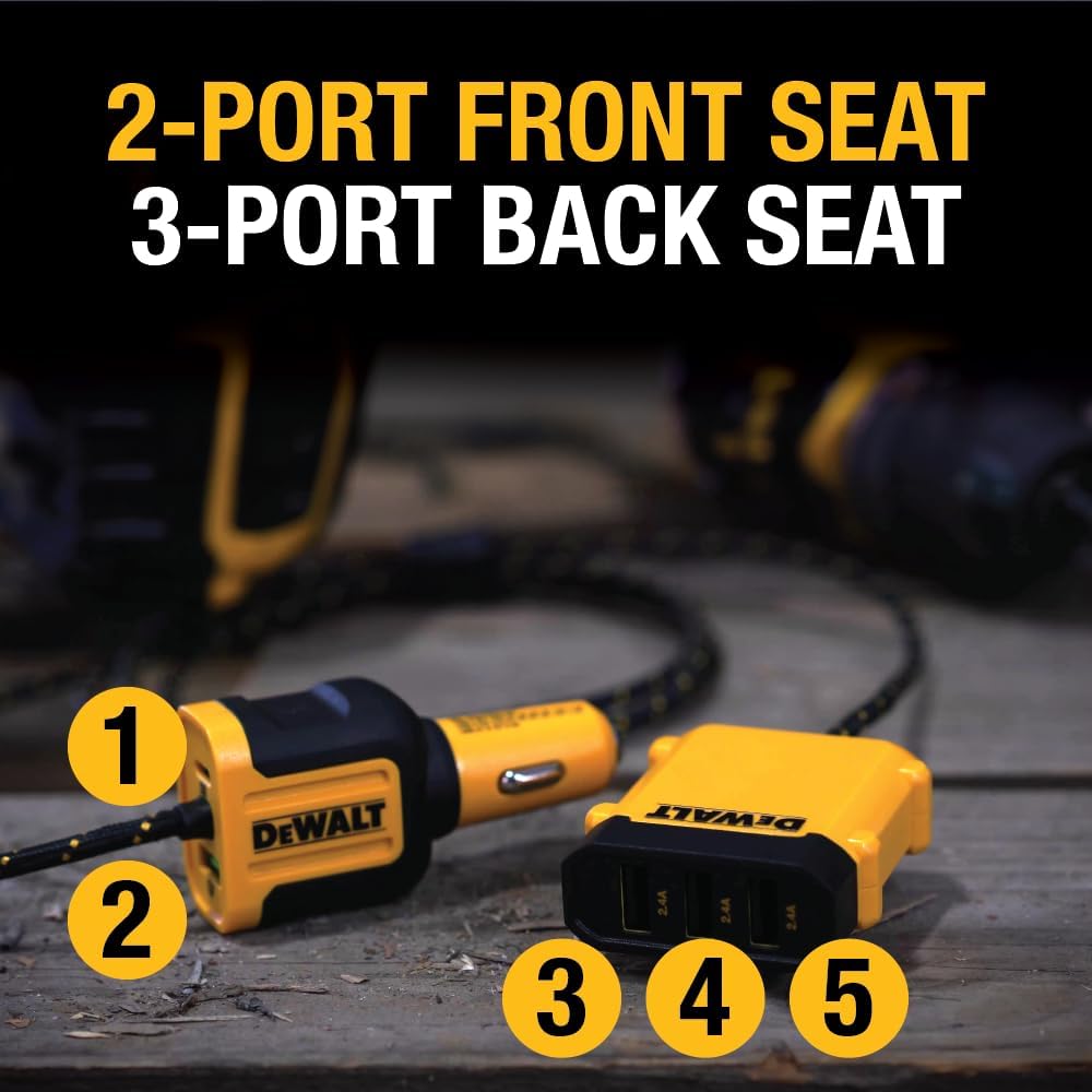 DEWALT 72W USB C Cargador de Coche de 5 Puertos, iPhone 15 USB Cargador de Coche de Carga rápida, PD & QC3.0 Encendedor de Cigarrillos del Coche Cargador USB de Varios Puertos con Cable de 6Ft