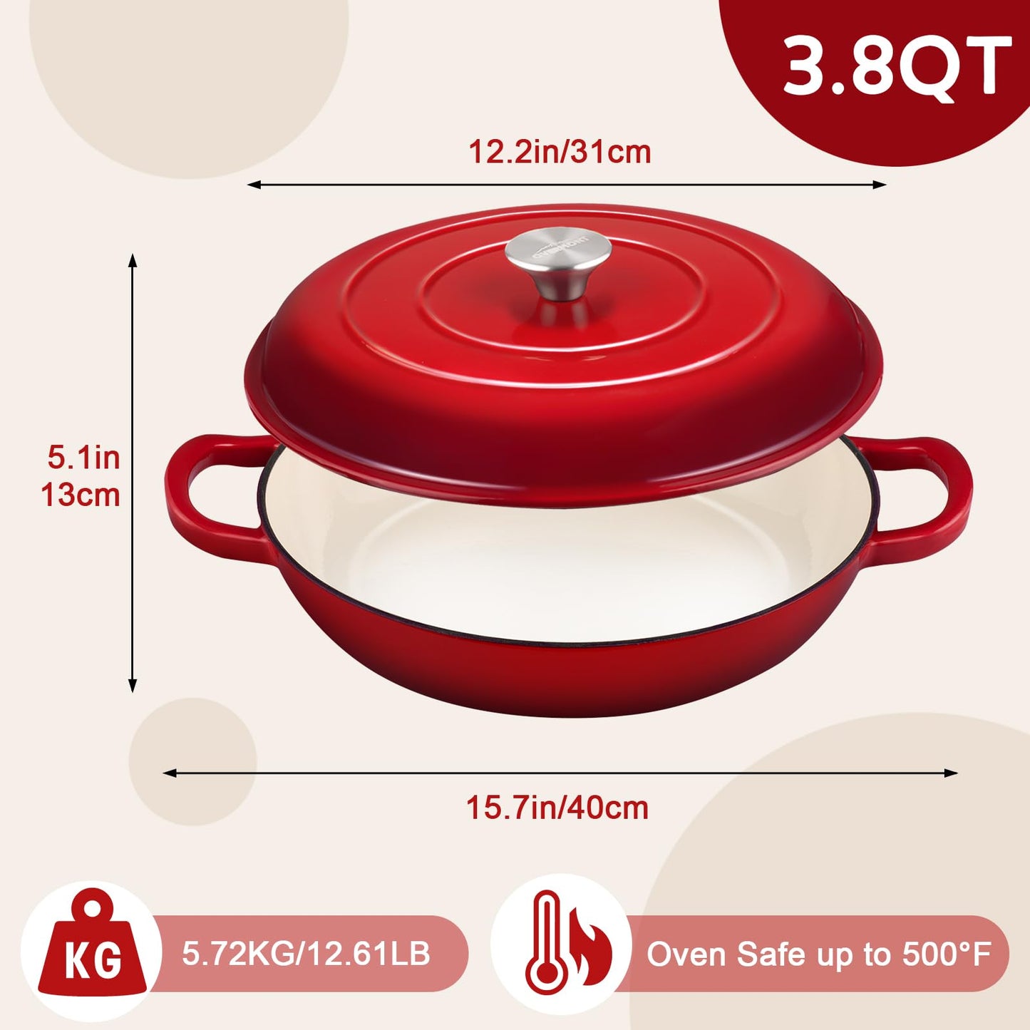Overmont - Utensilios de cocina esmaltados de hierro fundido con libro de cocina y tapa, olla de horno holandés de 3.2 cuartos con revestimiento de esmalte para estofar, guisos, asar, hornear pan