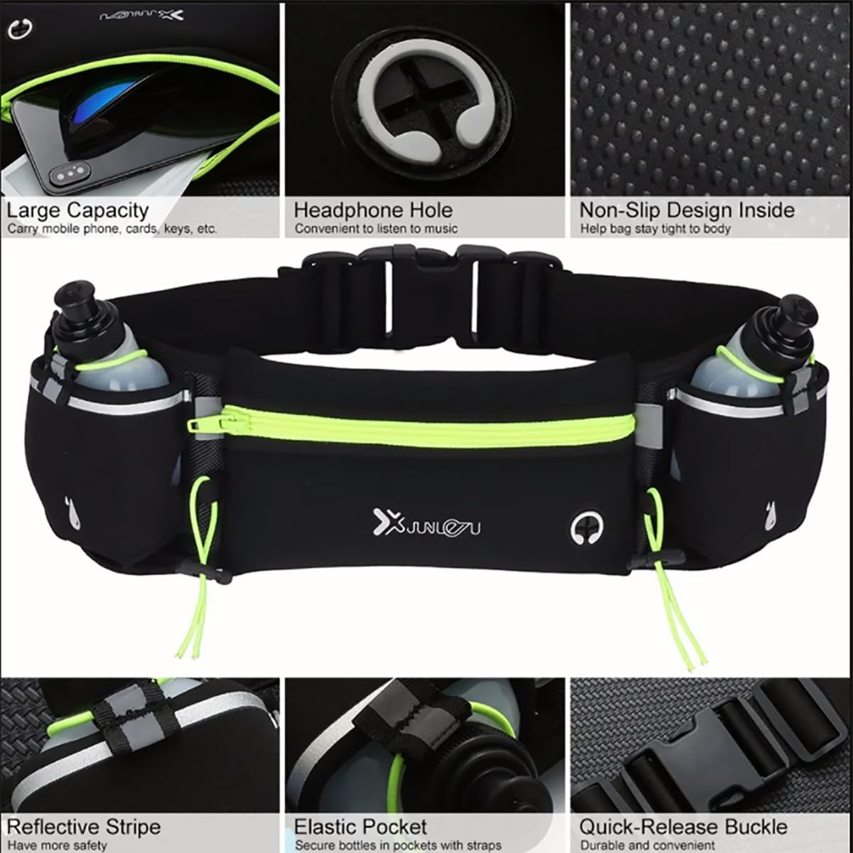 Cangurera Deportiva, Cangureras para Correr 2 Botellas de Agua, Cinturón para Correr Unisex, Riñonera Deportiva Ajustable con Bolsillos para Auricular y Teléfono, Cangurera Running para Aire Libre