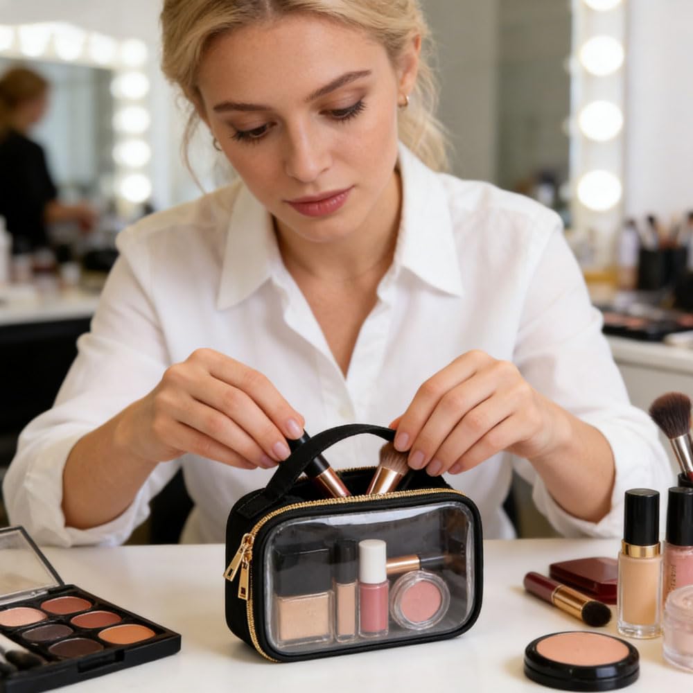 Paquete de 3 bolsas de maquillaje transparentes con asas, neceser de viaje para mujeres y hombres, bolsa de maquillaje de PVC repelente al agua, bolsa de transporte en aeropuerto, para viajes