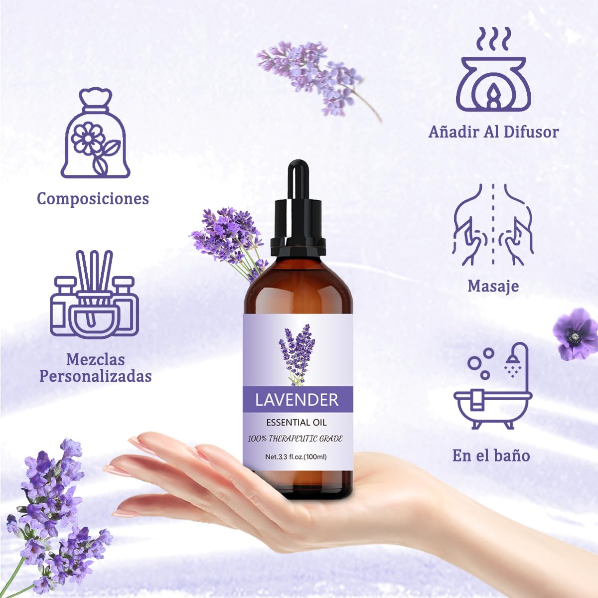 Aceite Esencial EASYTAO Lavanda Puro y Natural 100ml con Gotero de Vidrio para Aromaterapia