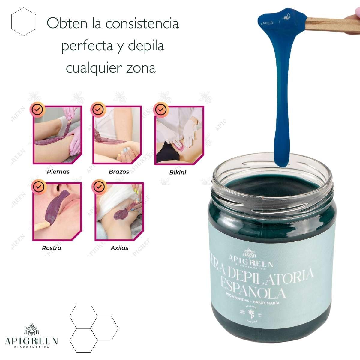 APIGREEN - CERA ESPAÑOLA DEPILATORIA (400GRS) + APLICADORES, PIEL SENSIBLE - BIKINI, ROSTRO, PIERNAS, BARBA | DEPILA SIN DOLOR | EFICAZ EN TODO TIPO DE VELLO (Azuleno)
