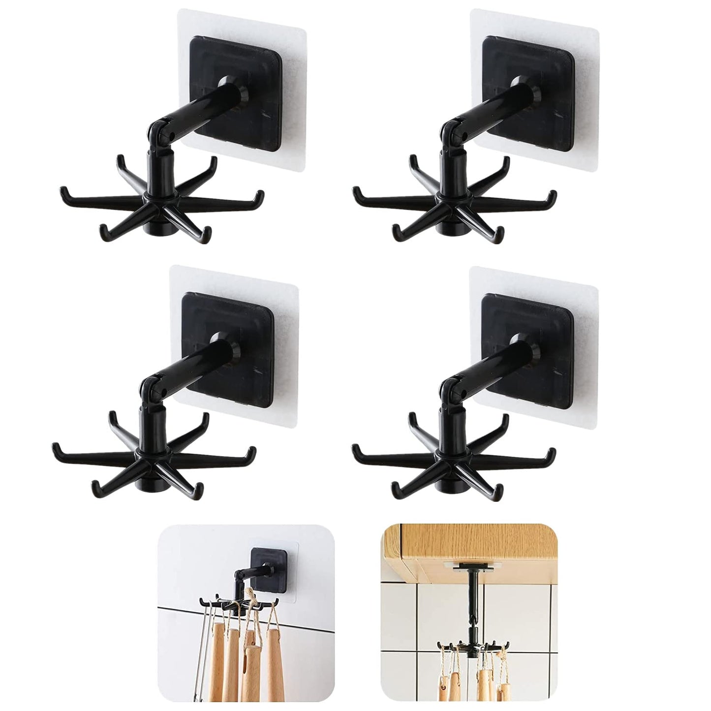 Gancho Plegable Giratorio de 360 Grados,Gancho Giratorio de Cocina de 4 Piezas,Gancho Multiusos para Colgar Utensilios,Gancho Autoadhesivo con 6 Ganchos,Gancho Vertical de 180 Grados (Negro)
