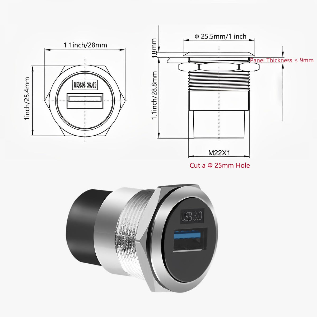 Adaptador USB 3.0 YiKaiEn Negro Impermeable y a Prueba de Polvo