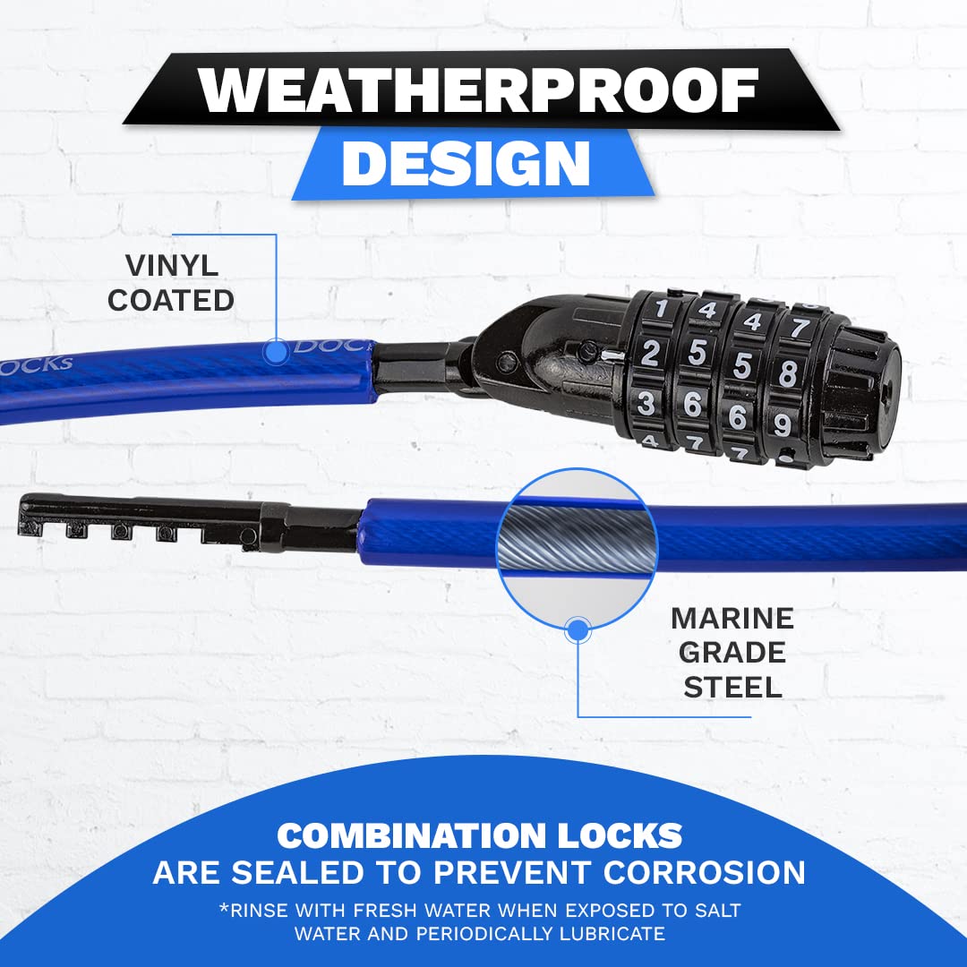 DocksLocks - Candado de cable de seguridad recto resistente a la intemperie (5 pies a 25 pies de longitud) con combinación reiniciable, protección antirrobo para kayak, bicicleta, paddleboard,