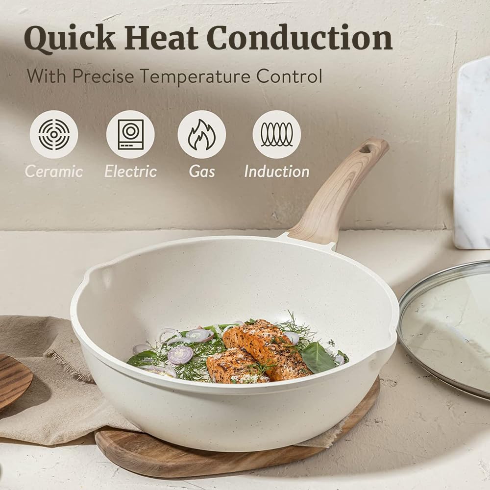 Feiniao Juego de Ollas y Sartenes Antiadherentes, Juego de Sartenes Antiadherente con Tapa, Bateria de Cocina de Inducción Apto para Lavavajillas, Juegos de Utensilios de Cocina sin PFOS PFOA 7 Piezas
