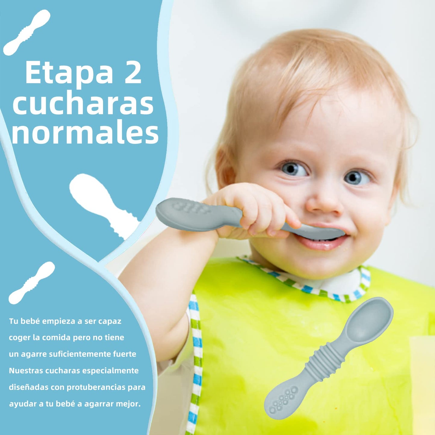 LEIDSANY Cucharas para bebe, cucharas de silicio para dietas de entrenamiento, silicona suave no contiene BPA, ejerce hábitos alimenticios independientes, aptos para bebe de todas etapas(Azul)