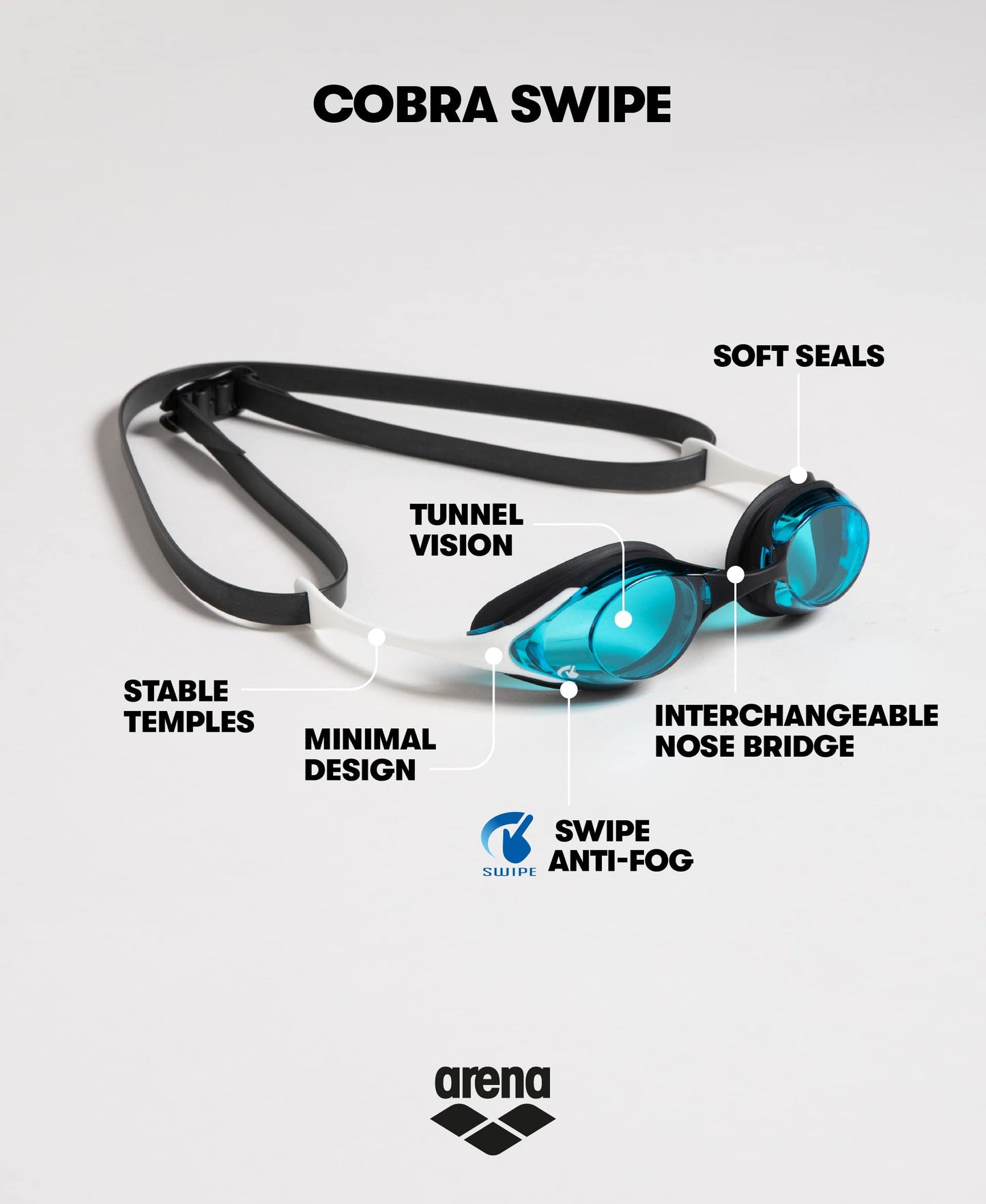 ARENA - anteojos de natación unisex para adultos Cobra Swipe Racing para hombres y mujeres, lentes de policarbonato sin espejo, diseño hidrodinámico, humo oscuro/negro/azul