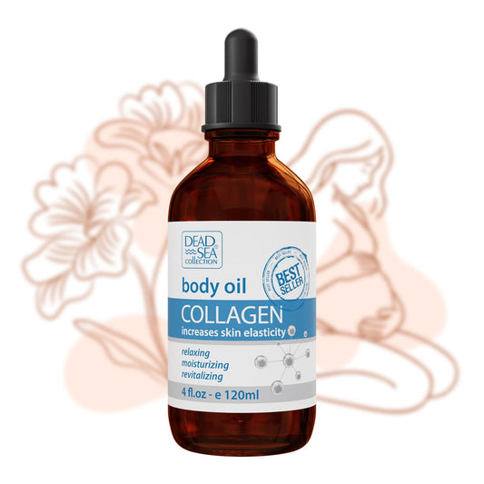 Dead Sea Collection Aceite corporal con colágeno – Hidratante para piel seca y aceite de masaje hidratante – Aceite de baño nutritivo – Aumenta la elasticidad de la piel y proporciona apoyo antienvejecimiento (4 fl.oz)
