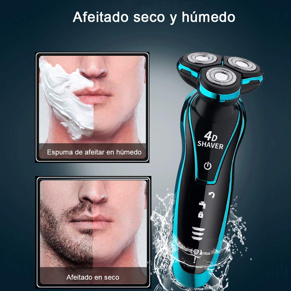 Afeitadora Eléctrica,Rasuradora Recargable Eléctrica para Hombre Rotativa,Afeitadora Recargable Multifuncional Rotativa con Cuchillo de Barba Tres en Uno Recortadora de Melena (Azul)