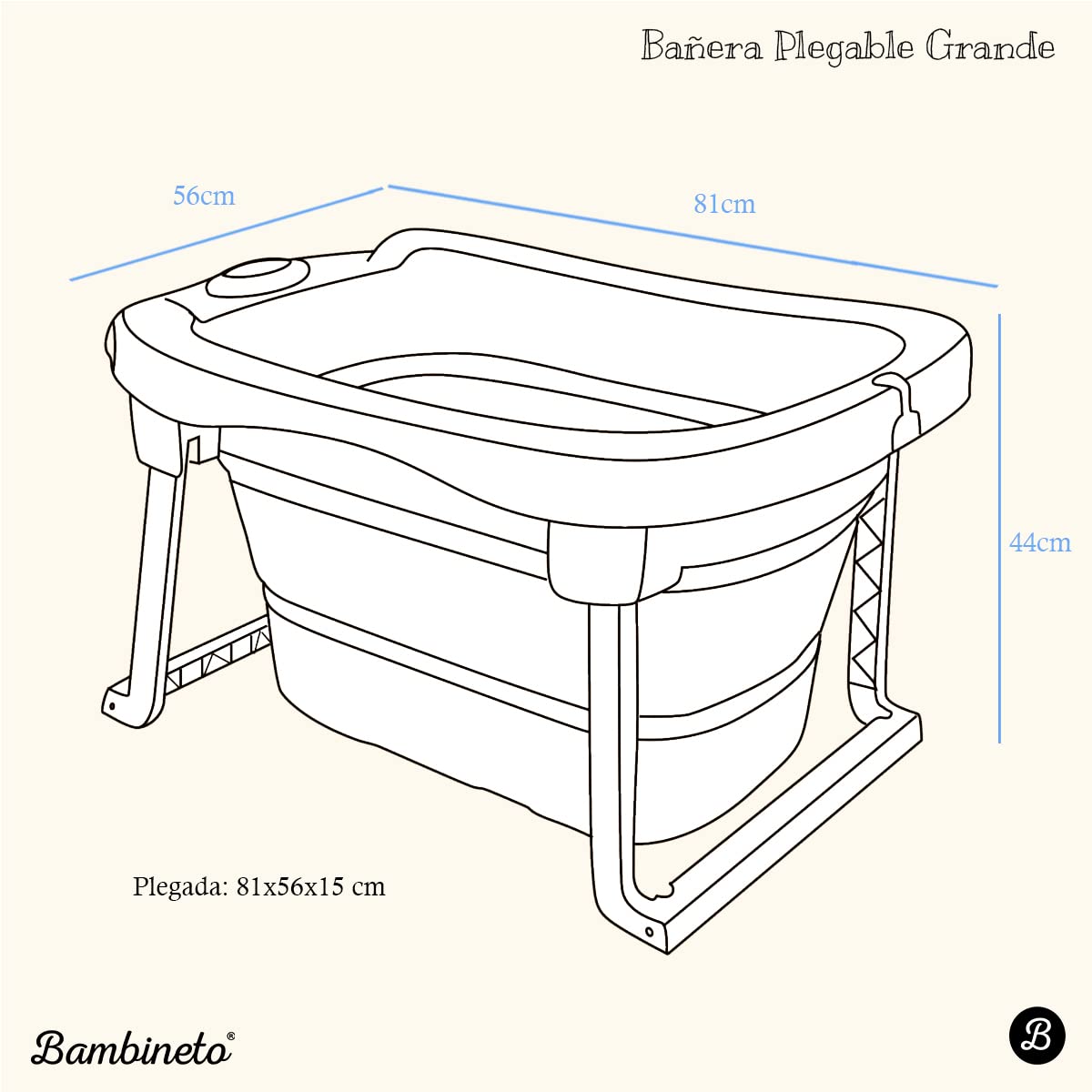 BAMBINETO Bañera para Bebé plegable con cojín antideslizante + banquito GRANDE