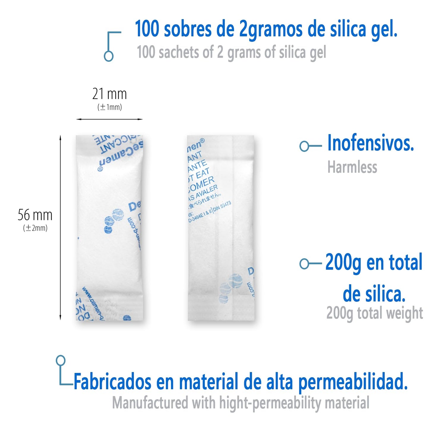 Silica Gel Deshumidificador (2g - 100pz) Gel de Sílice Para Humedad
