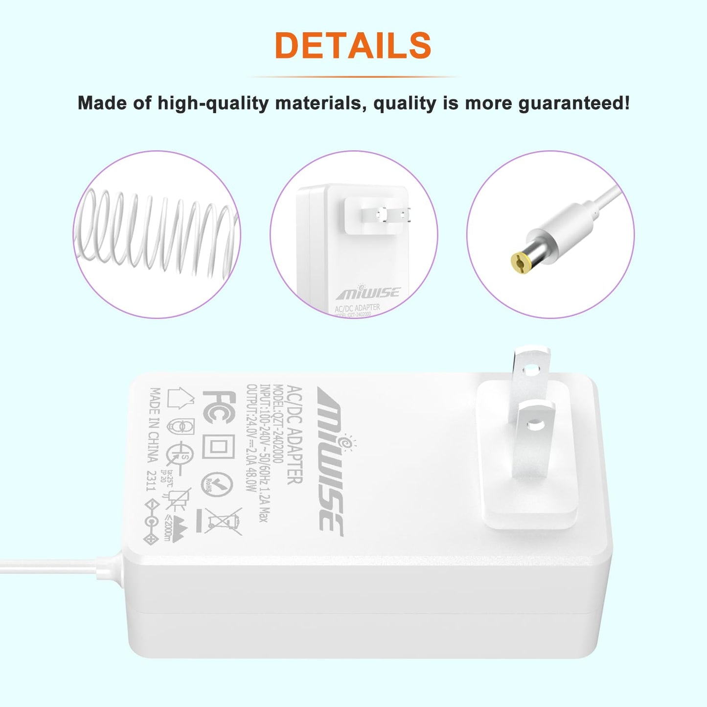 Adaptador de Fuente de Alimentación DC24 2A 48W MIWISE Blanco Convertidor AC a DC para COB LED Strip y Cámara CCTV Enchufe de EE. UU.