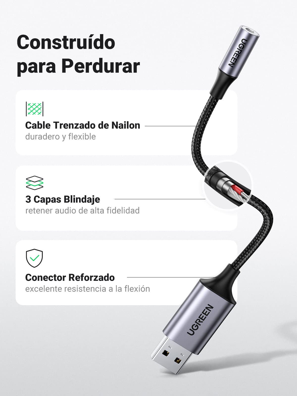 Adaptador USB 2.0 UGREEN Blanco con Chip DAC para Auriculares y Micrófono TRRS Compatible con Windows Mac Linux PC Portátiles PS5 PS