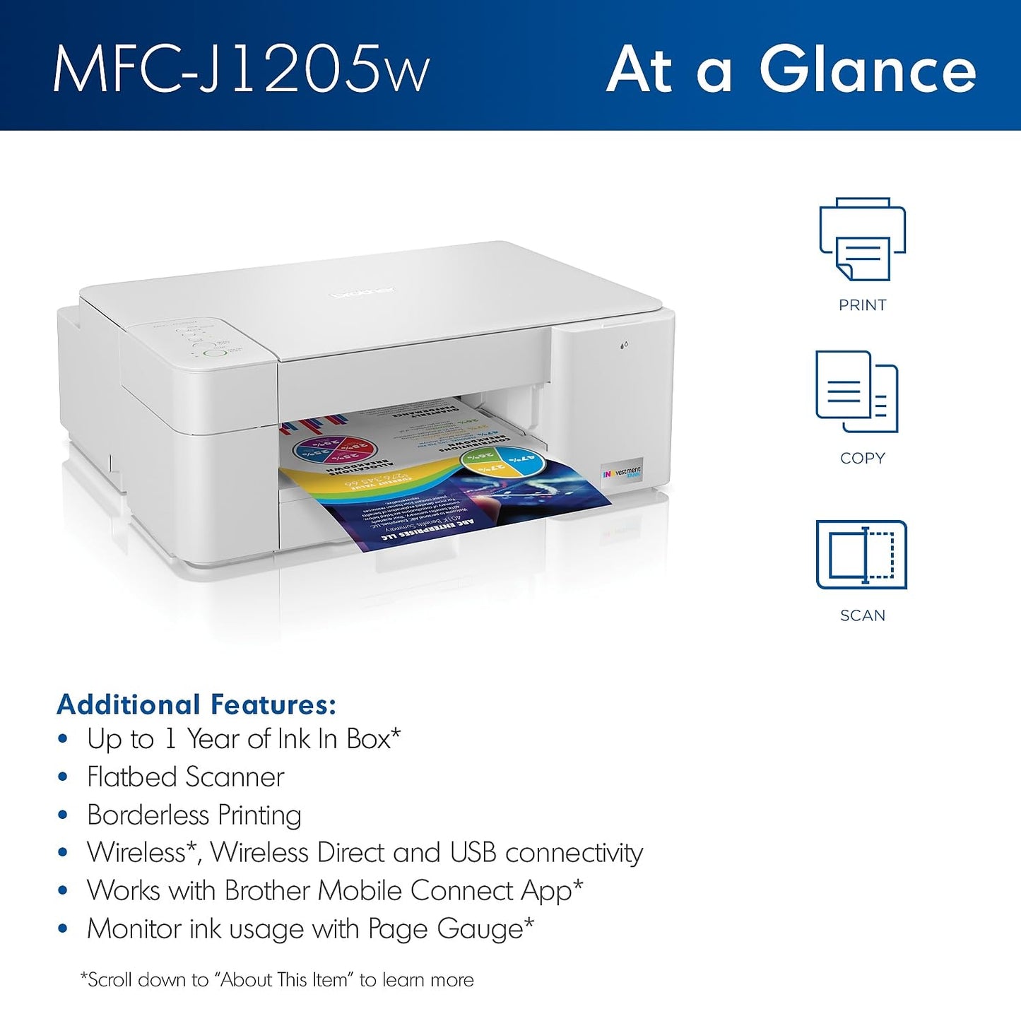Brother MFC-J1205W INKvestment - Impresora inalámbrica multifunción de inyección de Tinta a Color con hasta 1 año en Caja, Funciona con Alexa
