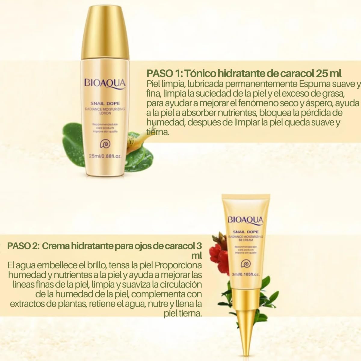 Kit Aclarante y Humectante Cuidado Facial Rutina Completa Baba de Caracol y Colageno Alta Concentración, Rejuvenecedor Loción de Día, Ácido Líquido, Esencia Facial, Crema Antiarrugas para Ojos Paquete 5 Piezas