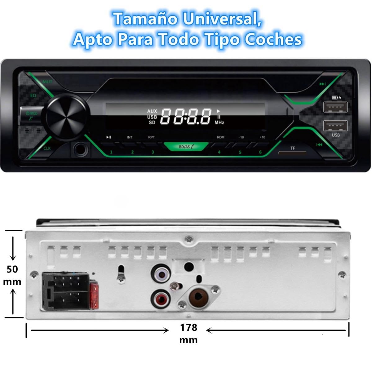 Auto Estereo Bluetooth MP3 Radio Reproductor Música De Coche Manos Libres FM SD Aux USB Luz Multicolores