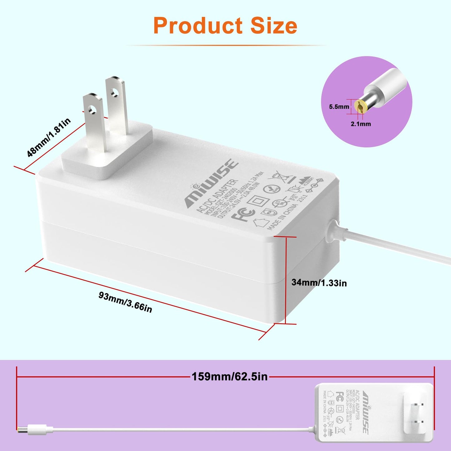 Adaptador de Fuente de Alimentación DC24 2A 48W MIWISE Blanco Convertidor AC a DC para COB LED Strip y Cámara CCTV Enchufe de EE. UU.