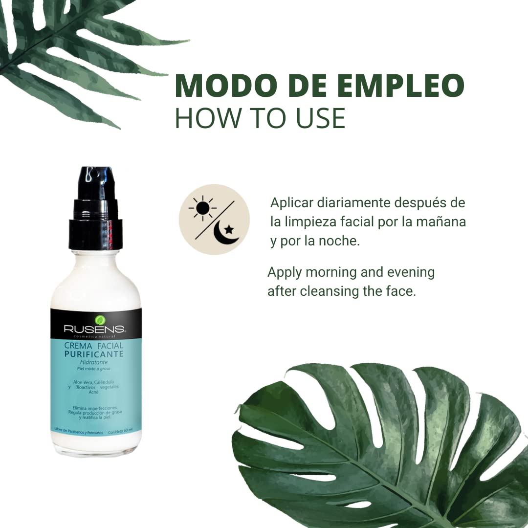 Rusens - Crema Facial Purificante, Matificante (Antiacné) 99% Natural, Ideal para Piel Grasa a Mixta con Tendencia a Acné, - Consistencia Ligera y de Rápida Absorción- Regula Producción de Grasa, Controla Barritos y Espinillas, Hidrata la piel.