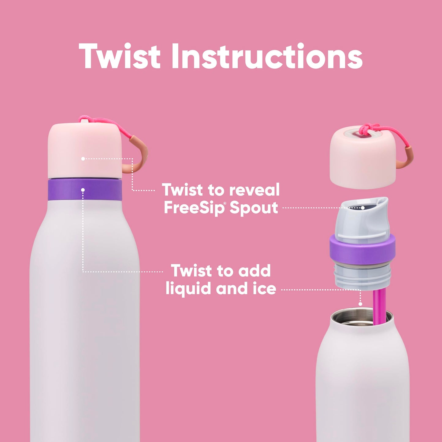 Owala FreeSip Twist - Botella de agua de acero inoxidable con popote para deportes y viajes, sin BPA, 18 onzas, rosa/morado (campo de ensueño)