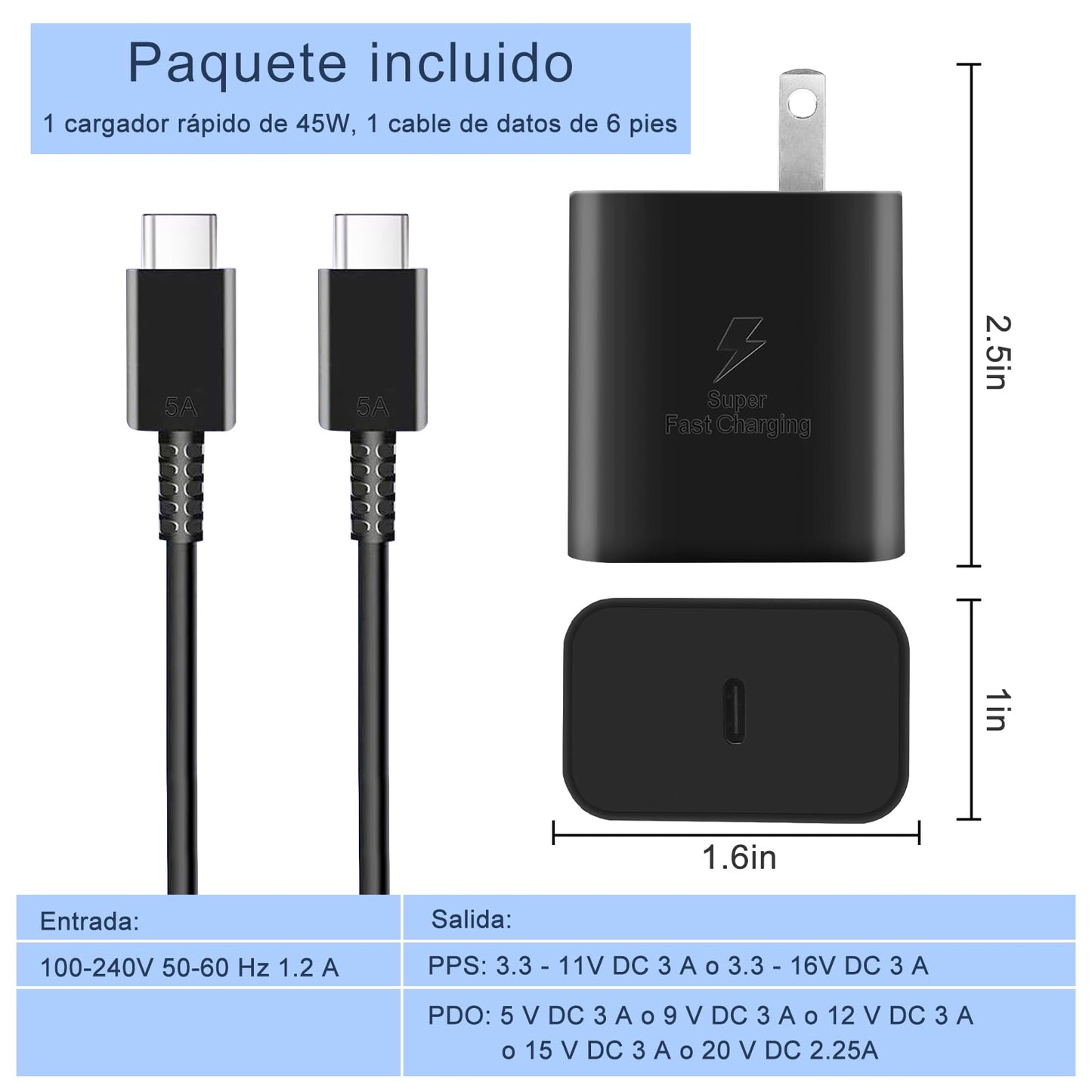 Cargador rápido USB C de 45 W para Cargador Samsung Tipo C, USB C Cargador de teléfono Android con 1.8M Cable Carga Rápida, para Galaxy S23 Ultra/S23/S23+/S22/S22+/Note10/Note20/S20/S21/S10 (Negro)