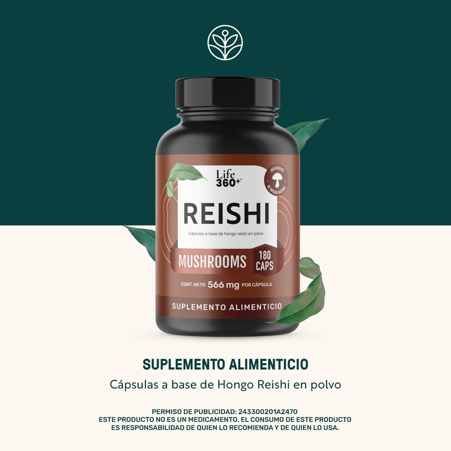 LIFE 360+ Reishi | Extracto Puro de Hongo Reishi en Cápsulas | 180 cápsulas 1232 mg por porción| 90 Porciones | Suplemento Alimenticio a Base de (Ganoderma Lucidum) en Polvo