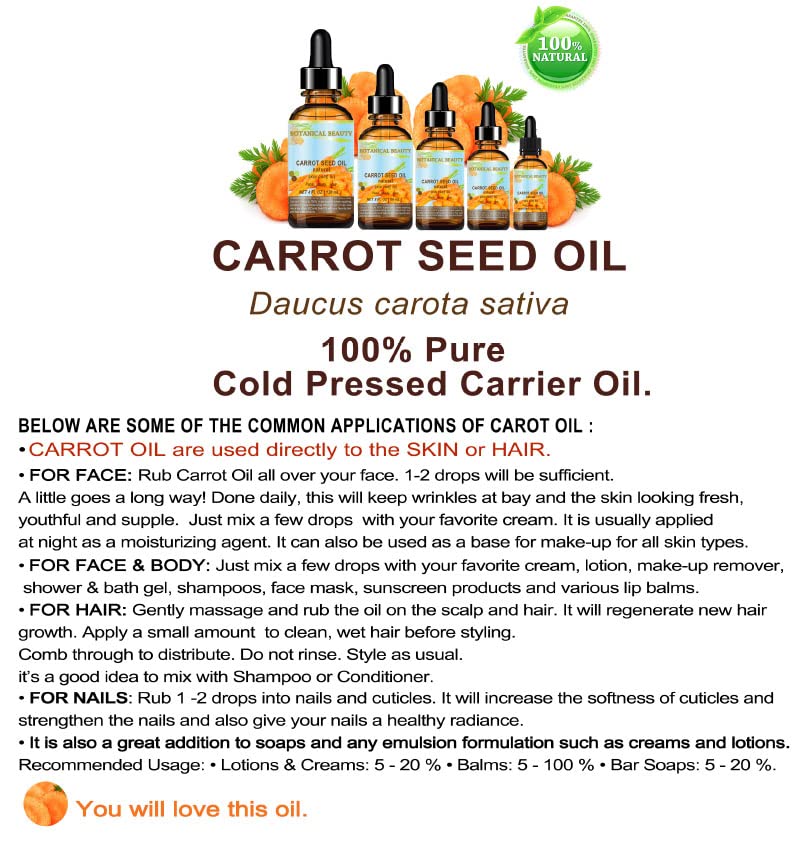 CARROT SEED OIL 100% Pure / Natural. Cold Pressed / Undiluted / Kosher Certified. Skin Care.0.33 Fl.oz.- 10 ml. by Botanical Beauty