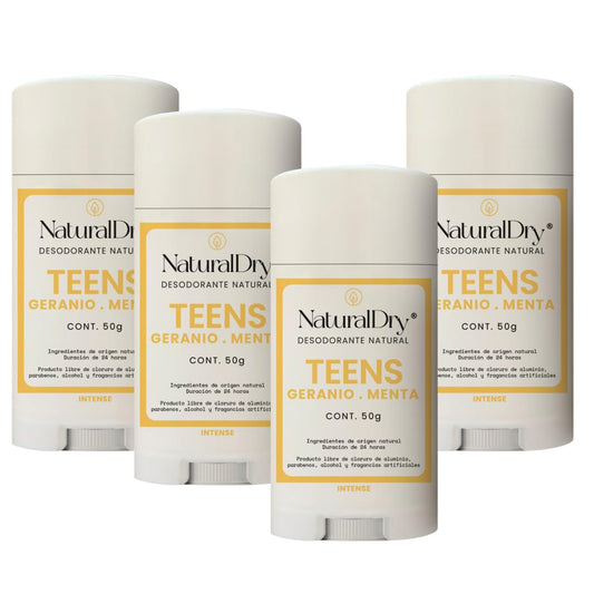 NaturalDry - Desodorante Corporal Teen Intense - Sin aluminio - Sin Parabenos - Elimina malos olores - Aroma a Geranio - en barra (4 Unidades)