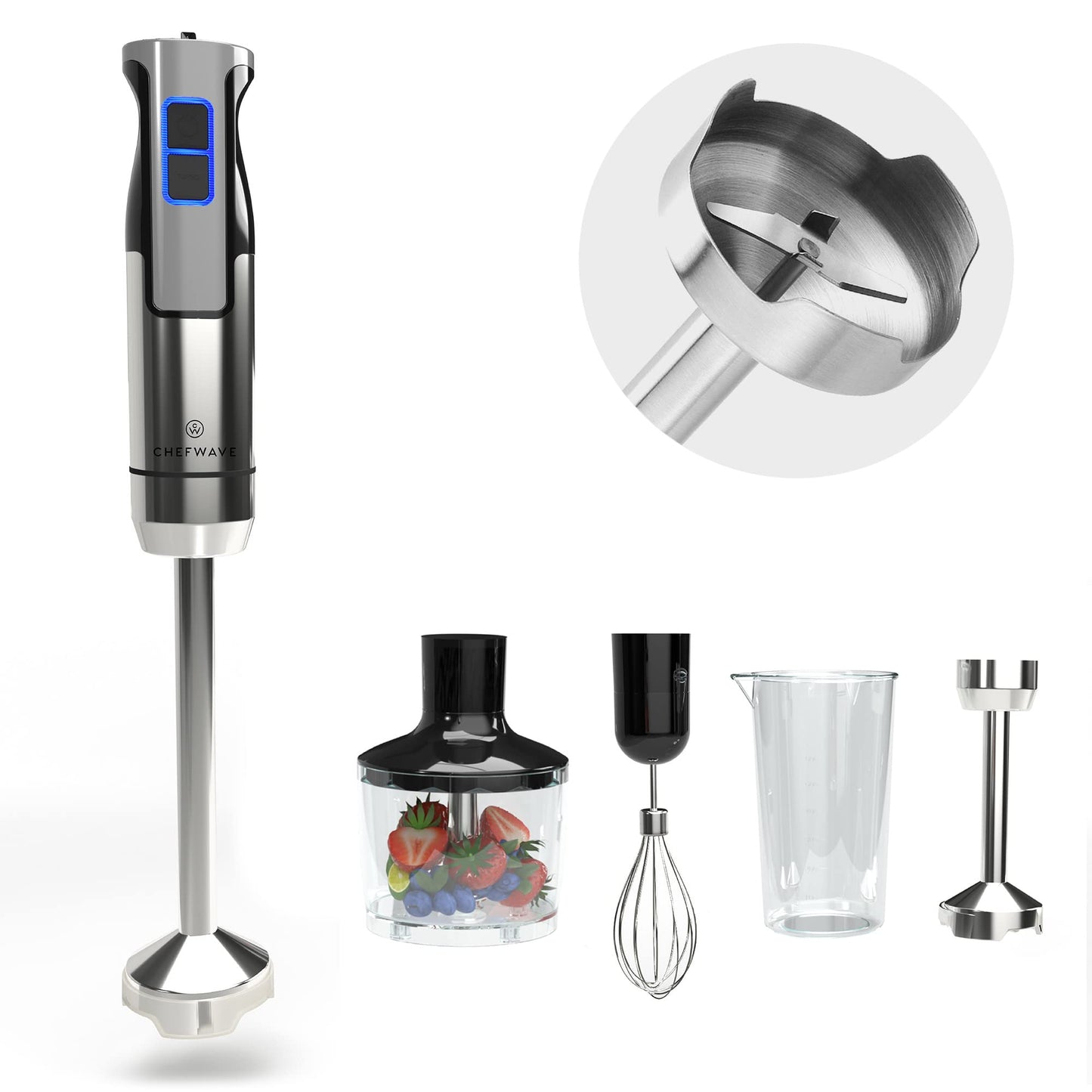ChefWave - Batidora de inmersión intermixta de mano, 500 W 5 en 1, batidora de mano multiusos de 9 velocidades, vaso de 20 onzas, picador de 20 onzas, batidor de huevo, varitas de inmersión de 6.3