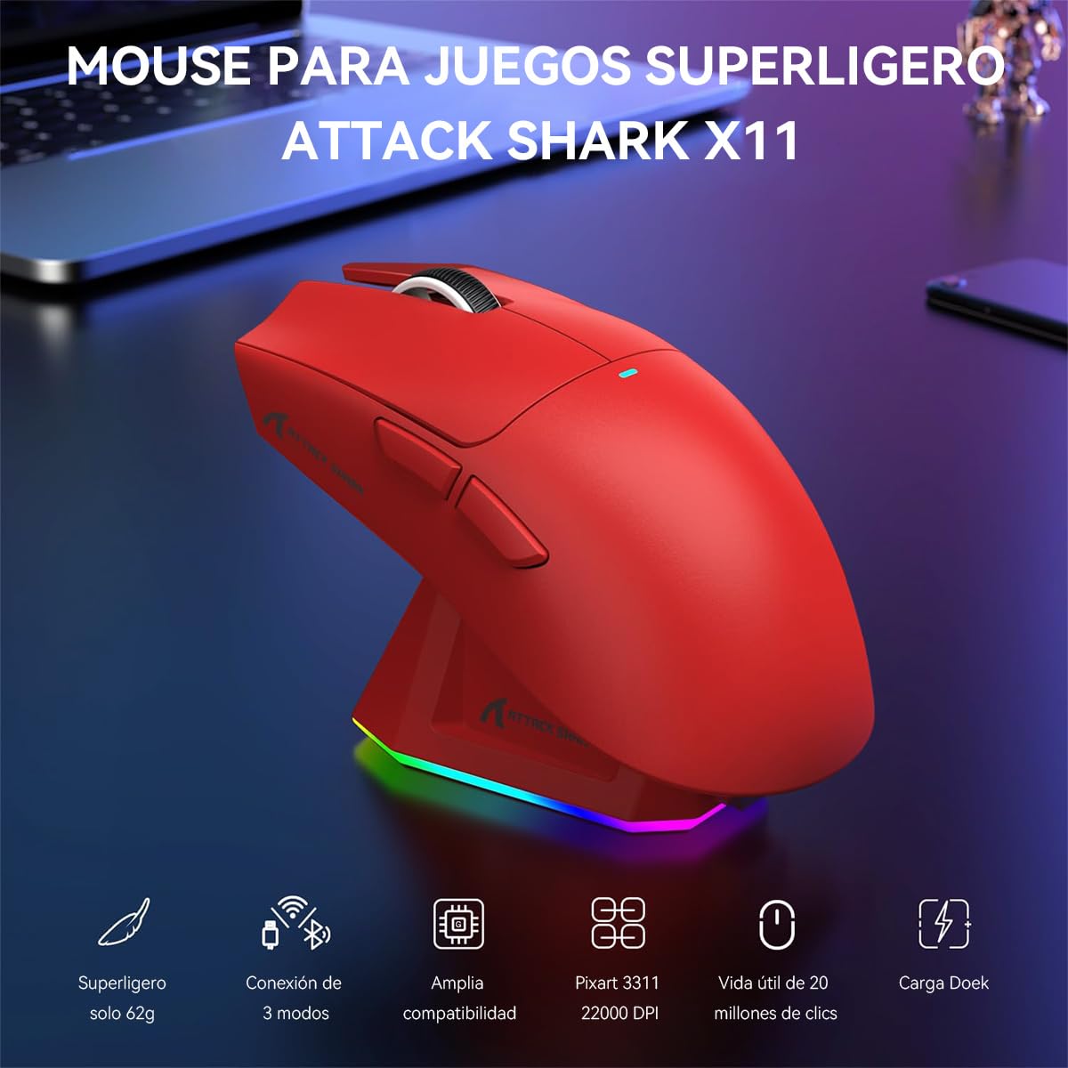ATTACK SHARK X11 Mouse Inalámbrico con Base de Carga RGB, Mouse Gamer Ultraligero para Juegos, 2.4 GHz/Bluetooth/USB-C de 3 Modos, 24000DPI, 5 Botones programables para PC/Mac