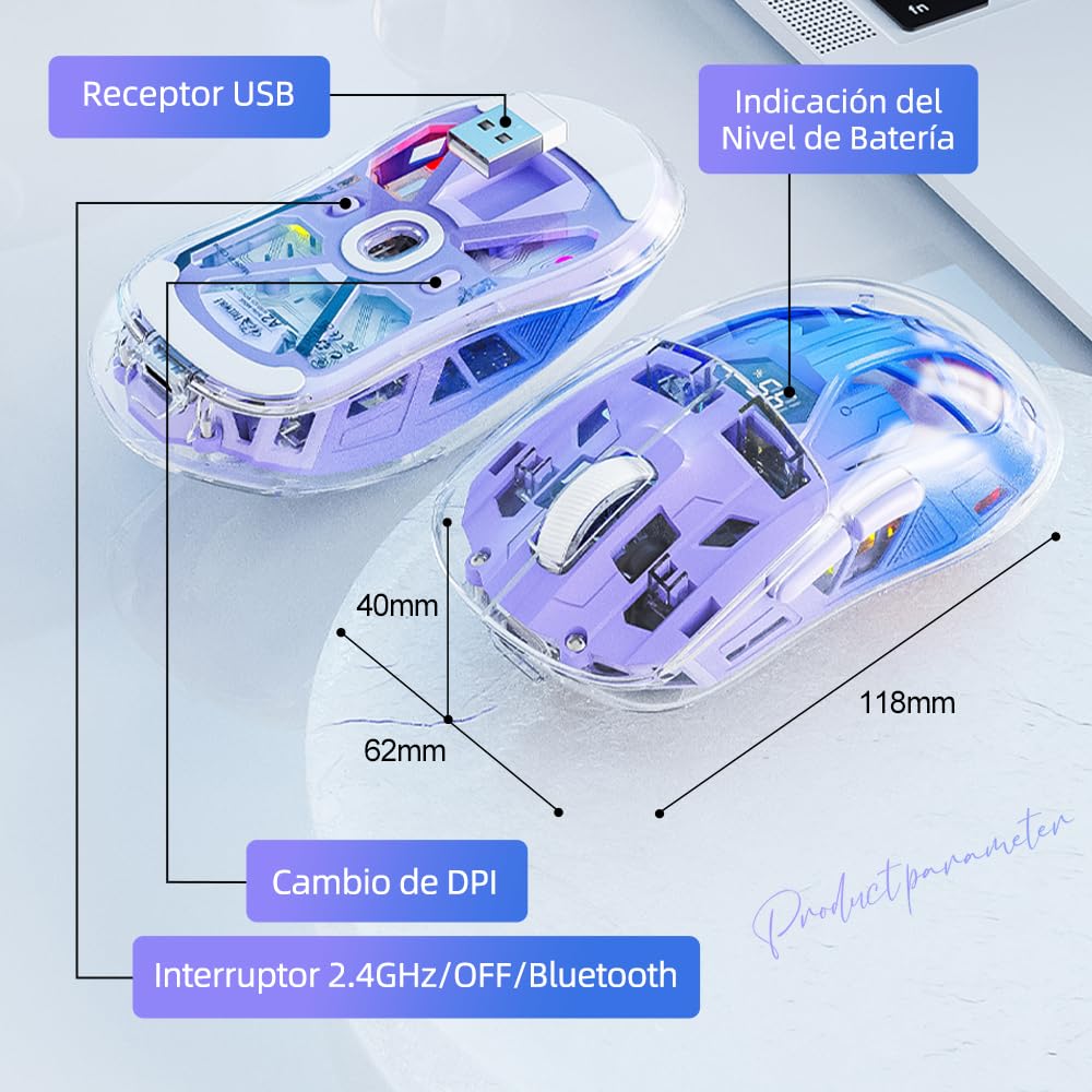Free Wolf Mouse Inalámbrico A2, Bluetooth y 2.4GHZ Dual Modos, Ratón Recargable con Pantalla de Batería, 4000DPI Ajustable Transparente RGB Mouse Gamer