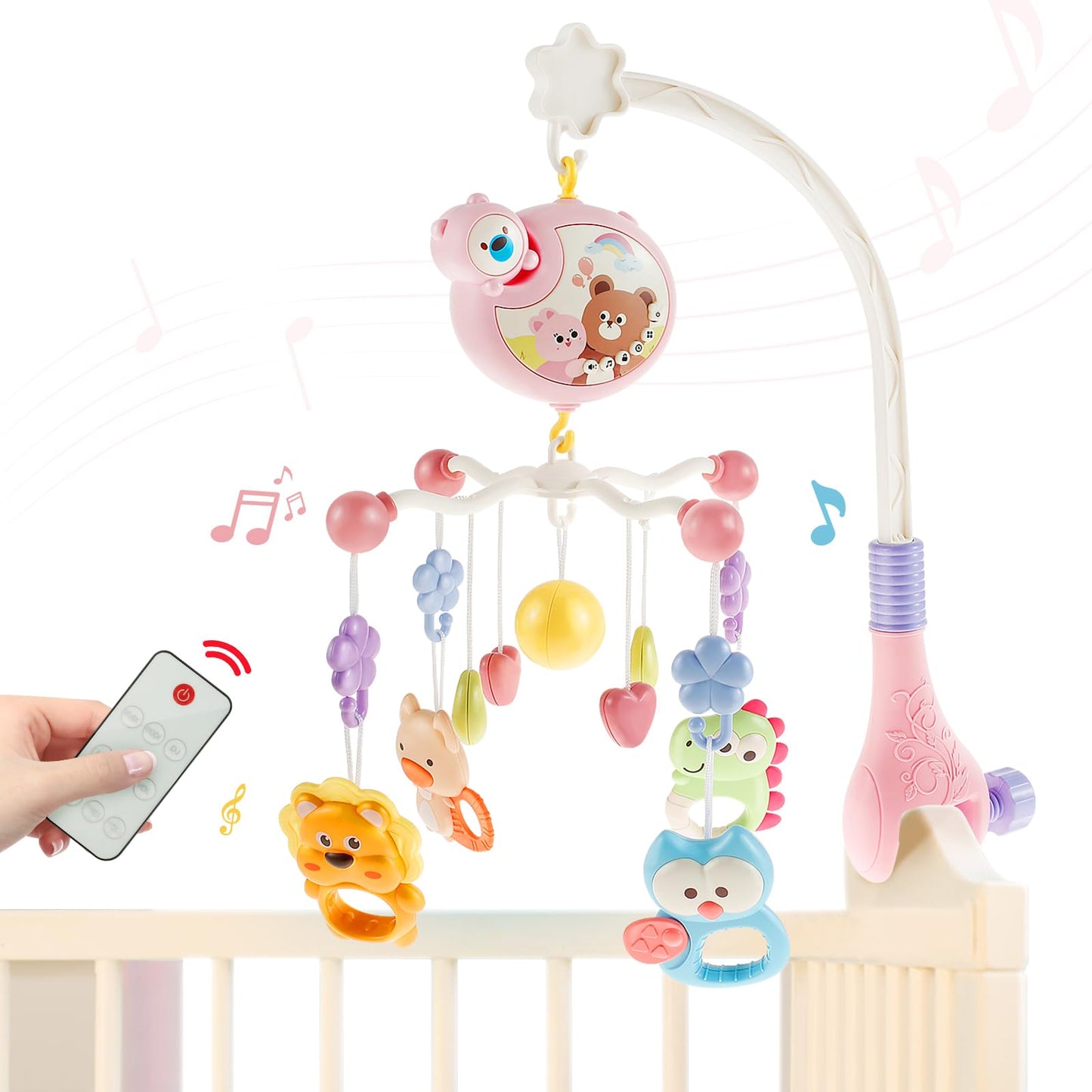 Móvil para cuna musical, juguetes colgantes para cuna con música y luces nocturnas, móvil para cuna de bebe rotación de 360° para bebé, regalo para recién nacidos (rosa)