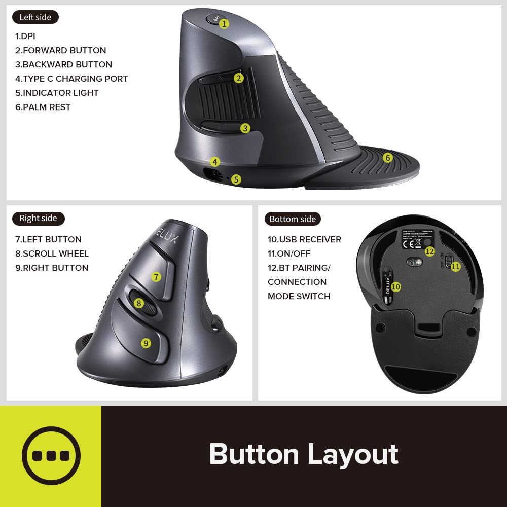 DELUX Mouse ergonómico inalámbrico recargable, Mouse vertical con Bluetooth, mouse optico con 1600 DPI para reducir el dolor de mano y muñeca, 2.4GHz con receptor USB y Bluetooth, 6 botones y reposamanos extraíble (M618G DB-Negro)
