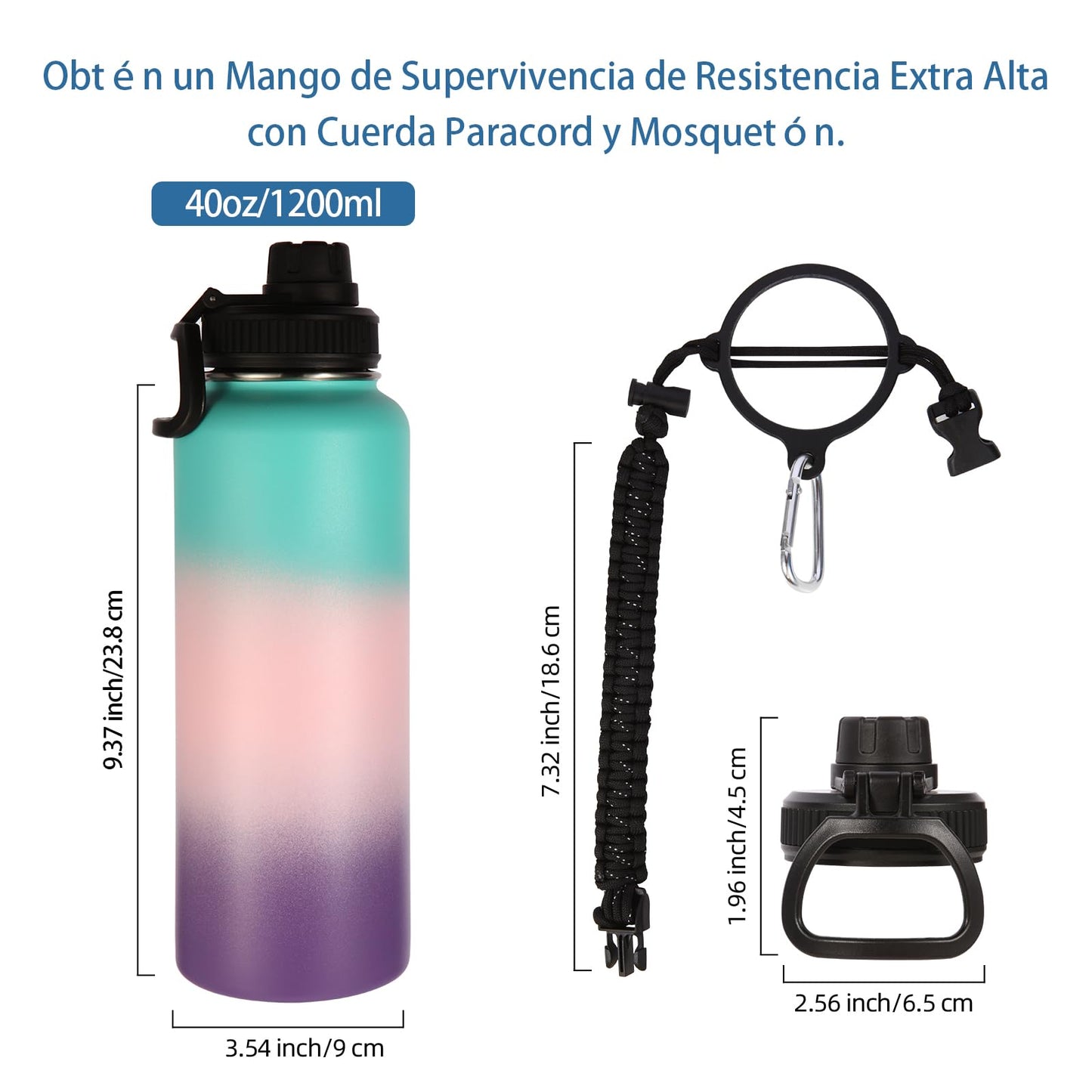 Botellas de Agua Volhoply Degradado con Mango de Paracaídas y Tapa de Boquilla, Acero Inoxidable, 40 Onzas, Paquete de 4 Unidades