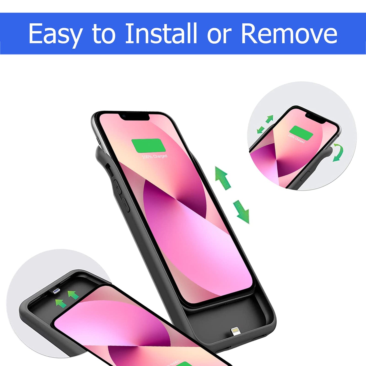 BOVSRT - Funda de batería para iPhone 13 Mini, 6500 mAh, delgada, recargable, inteligente, de carga extendida, con alta capacidad, protección de alto impacto, color negro