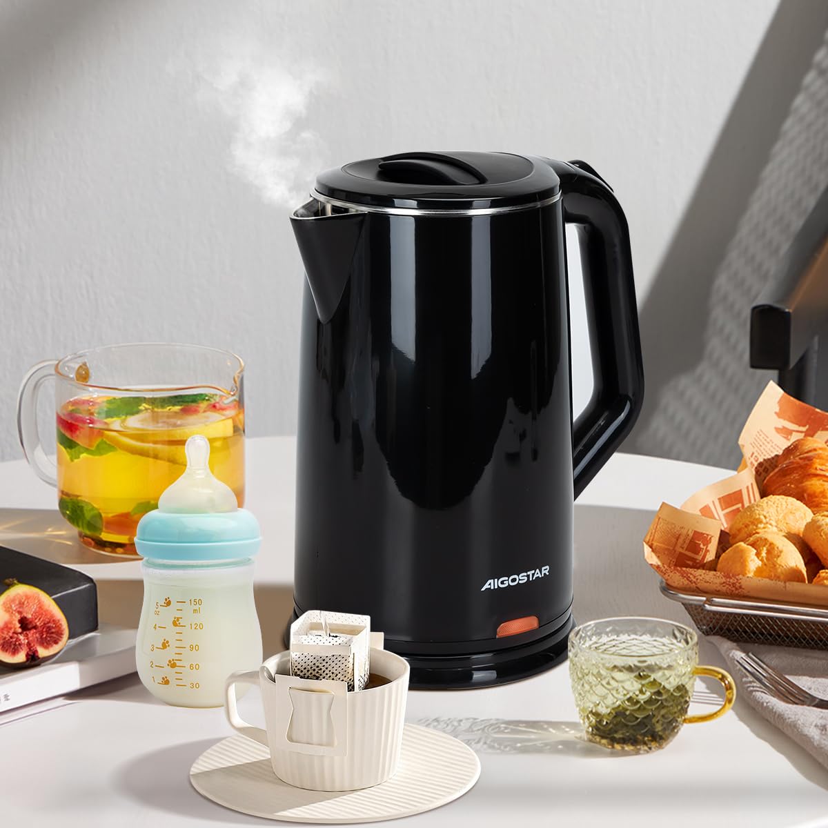 Aigostar Hervidor, Tetera Eléctrica de 1.7 Litros, Doble Pared de Acero Inoxidable, Apagado Automático, 1200w, Base Removible, Negro