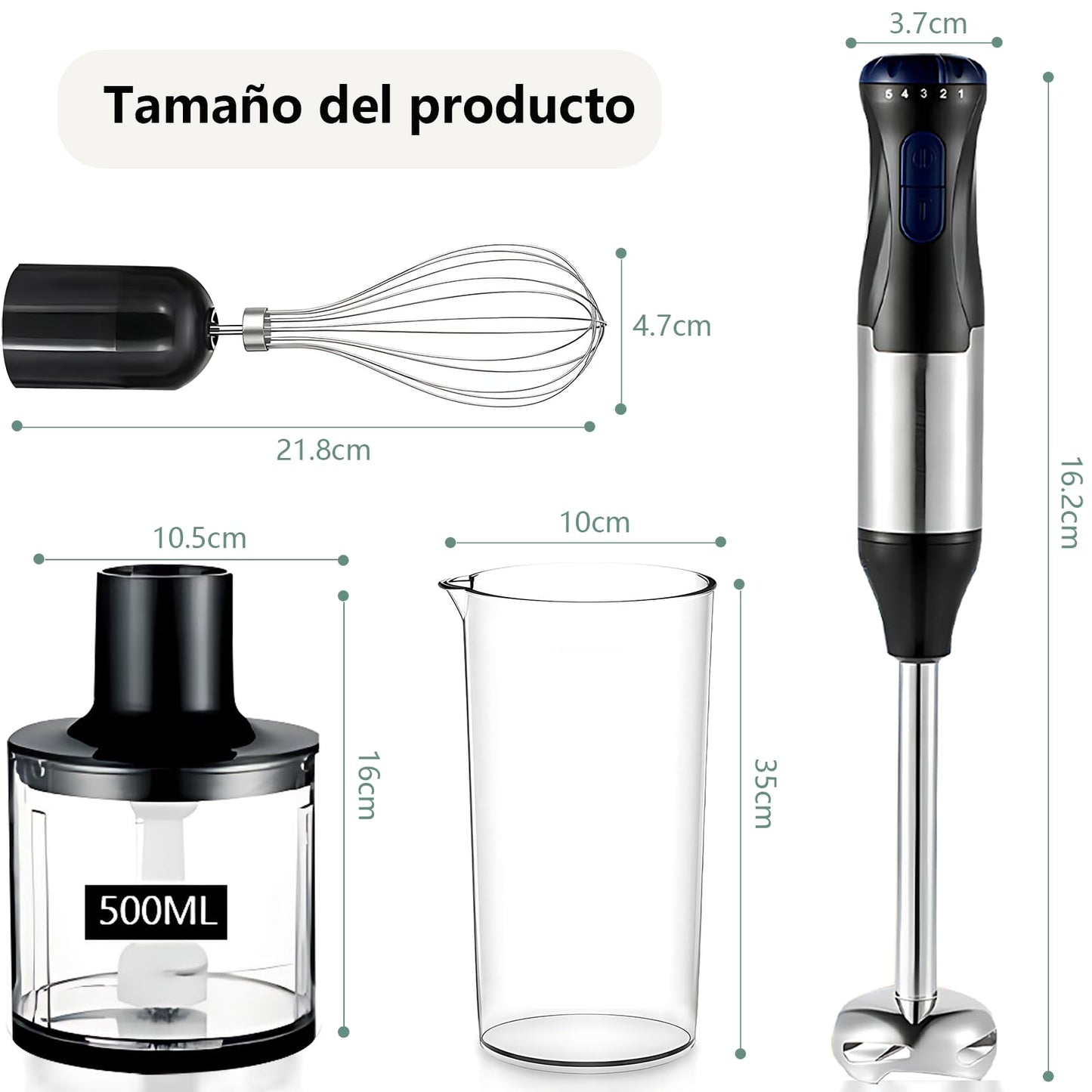 Batidora de Mano 4 en 1 de acero inoxidable,Batidora Turbo de Inmersión 1000W Con 5 Velocidades, Con Picadora de 500 ml, Batidora de Huevo, Licuadora, Vaso Medidor de 700ml