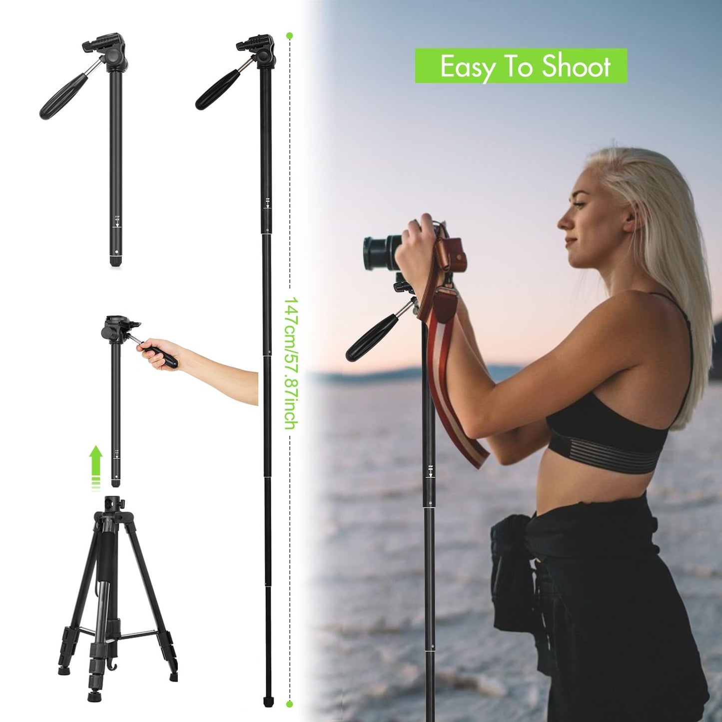 BHCASE TTT-009 Trípode de fotografía portátil de 168 CM / 66,14 Pulgadas Cámara monopié Soporte de trípode Horizontal Aleación de Aluminio Giratorio de 360 ° Capacidad de Carga de 5 kg / 11 Libras