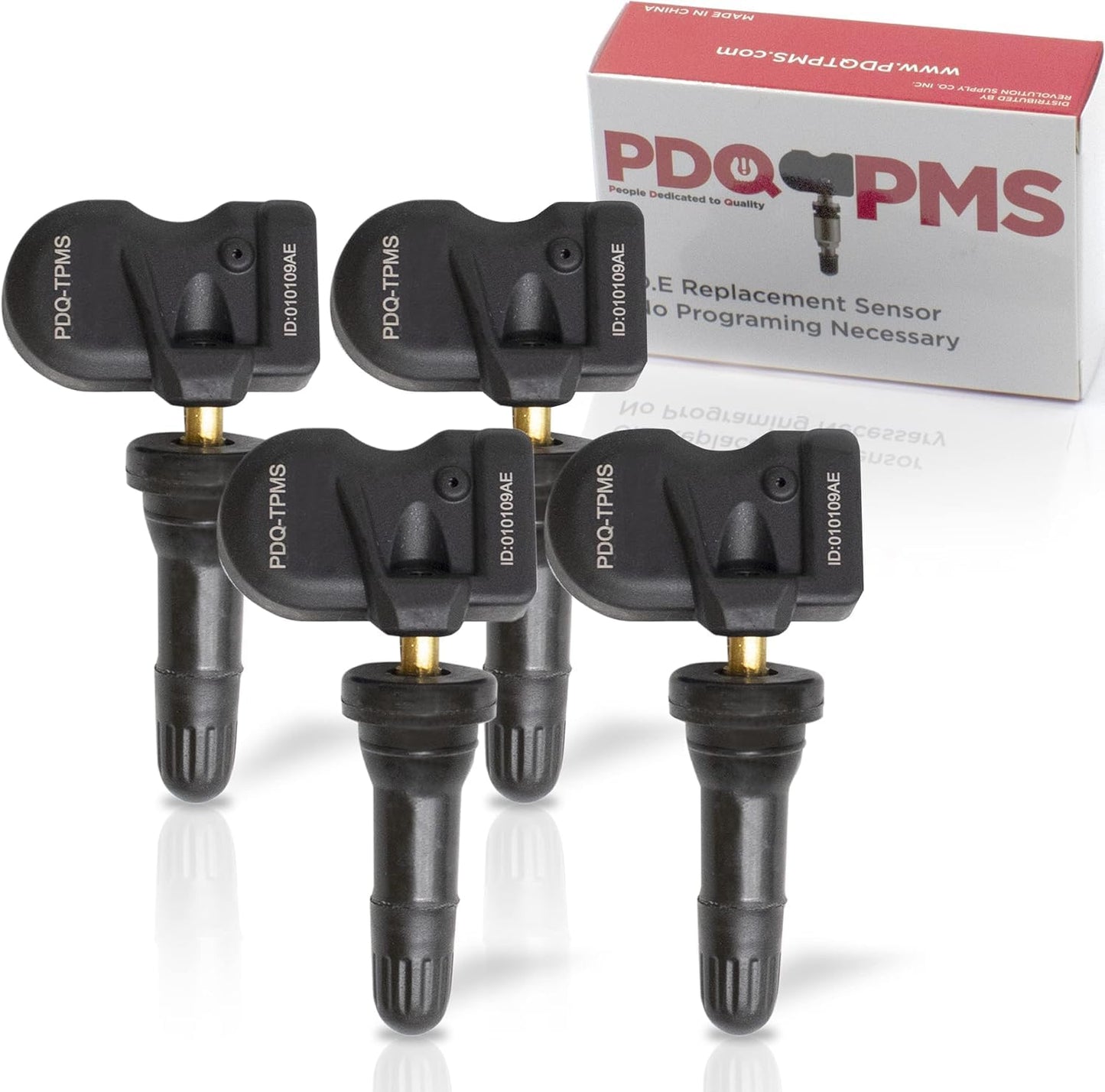 PDQ TPMS - Sensor de presión de neumáticos de 433 MHZ, paquete de 4 vástagos de goma para Chevy GMC Cadillac Buick Pontiac Reemplazo directo para OE Parte # 13533166 | 13542523