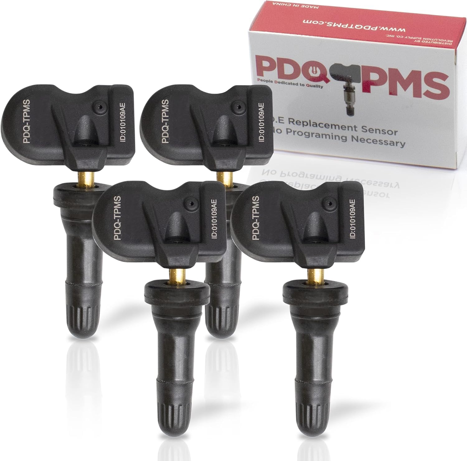 PDQ TPMS - Sensor de presión de neumáticos de 433 MHZ, paquete de 4 vástagos de goma para Chevy GMC Cadillac Buick Pontiac Reemplazo directo para OE Parte # 13533166 | 13542523