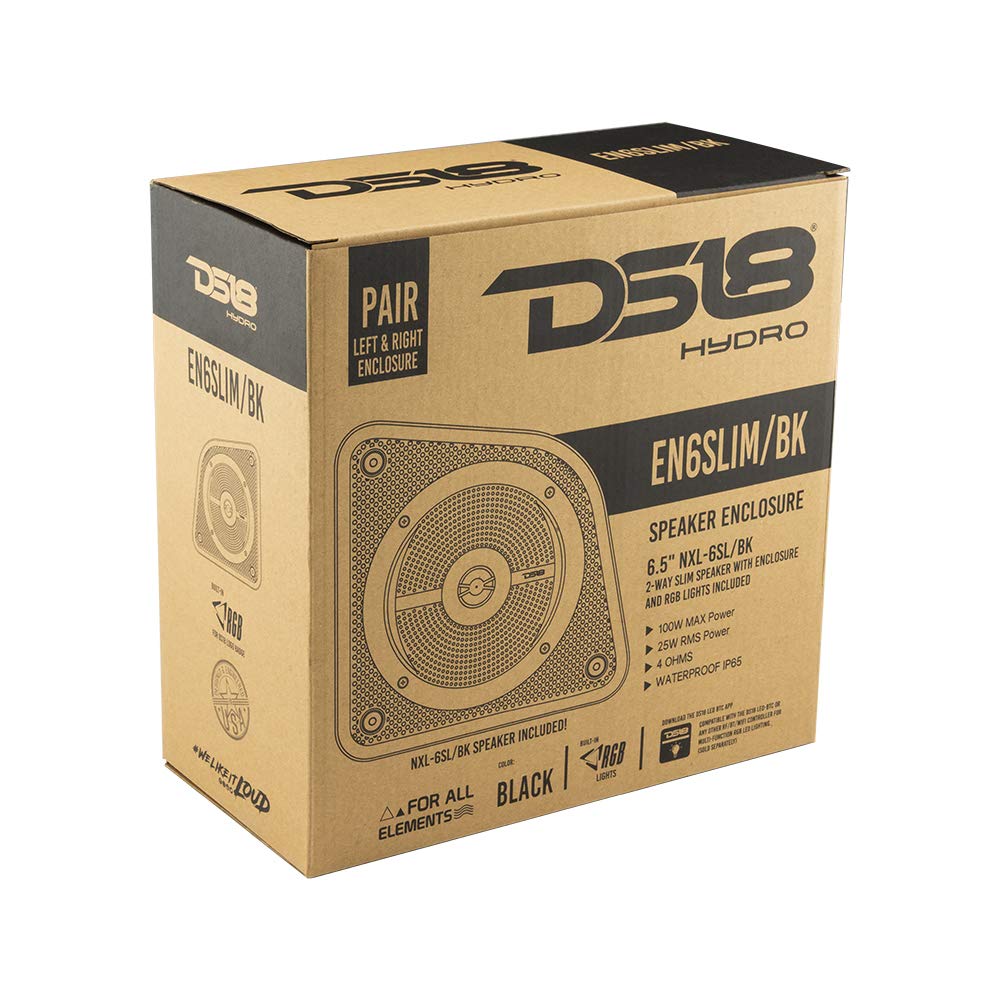 DS18 EN6SLIM/BK Caja de Altavoz Universal de 2 vías de 6.5 Pulgadas, iluminación LED RGB integrada, para Todos los Elementos, UTV, ATV y Jeeps, Carcasa Poco Profunda con Altavoces Resistentes al Agua