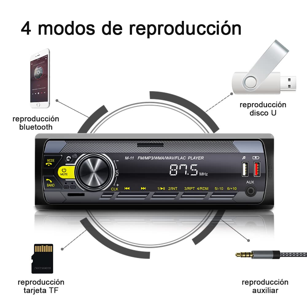 HIMICAR Autoestereo Reproductor Estereo para Automovil MP3, Control por Voz, Dual USB Apoyar AUX/TF/Disco U/FM Bluetooth Estereos con Tarjeta, Llamada Bluetooth + Control Remoto FM