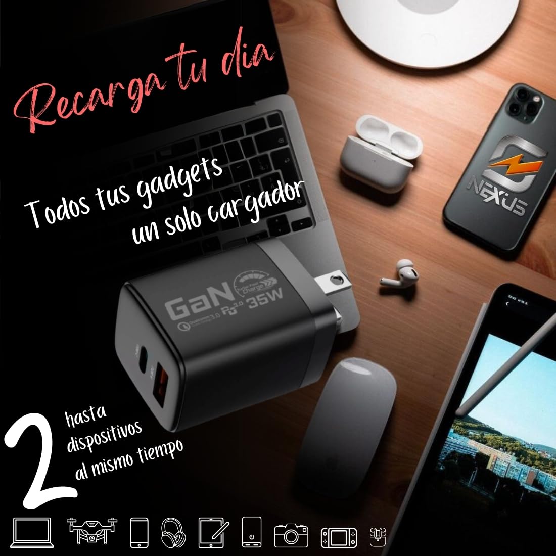 Cargador Celular Inteligente GaN Carga Rápida USB C 35W NEXUS Cable USB C 2m incluido Compatible con todas las marcas iPhone 12 al 15 Samsung S22 S23 S24 Xiaomi o Audífonos Tablets Drones Cámaras ipad