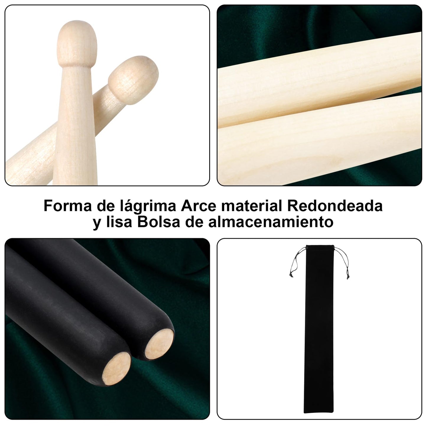 2 Pairs Baquetas Bateria,Profesionales Baquetas de Arce 5A,Juego de Baquetas Electronica,4 Piezas Antideslizantes Con Bolsa Almacenamiento,Accesorios Percusión,Adecuado Adultos Estudiantes