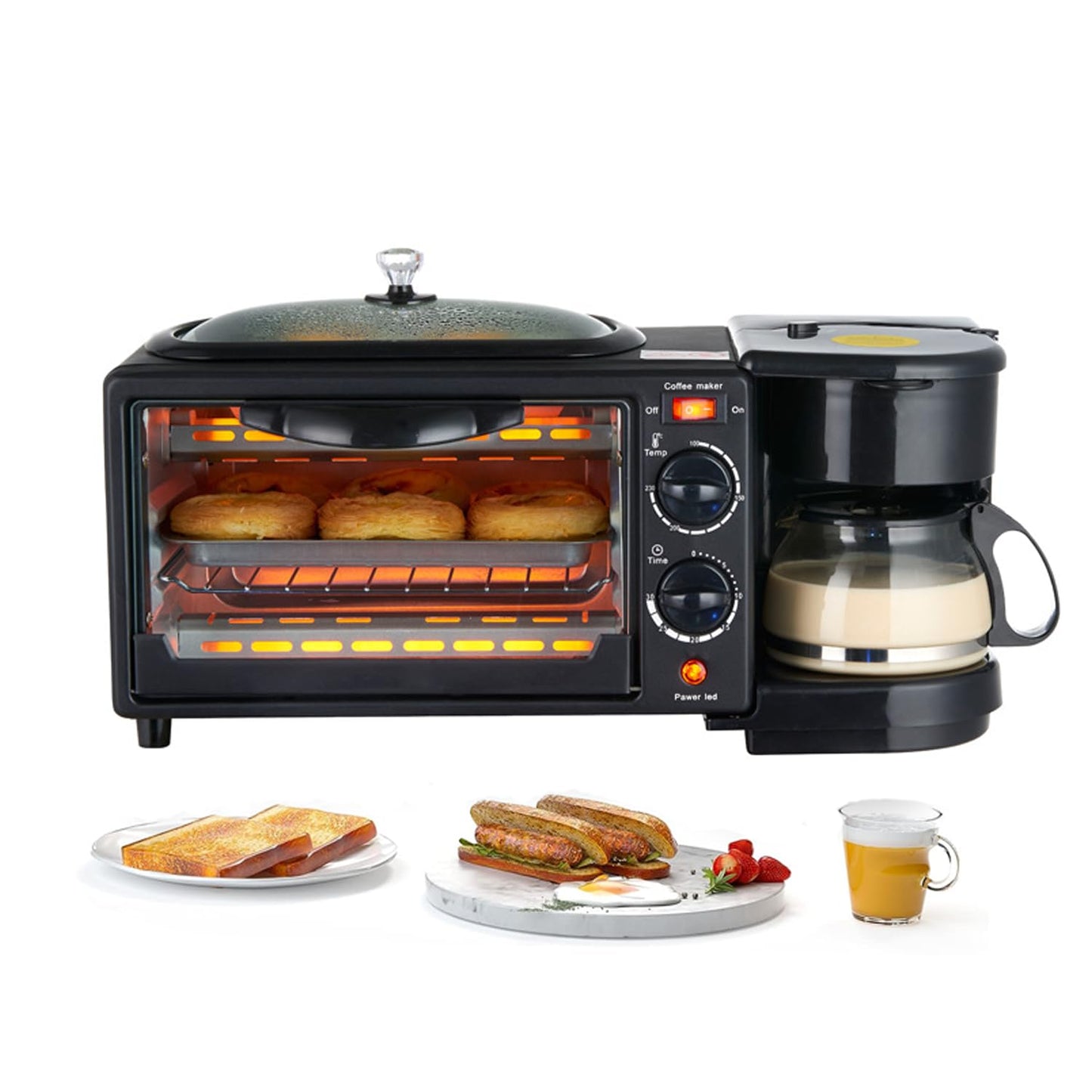 BYHIP Estación de desayuno 3 en 1 – Incluye cafetera, plancha antiadherente y horno tostador de 4 rebanadas, versátil máquina de desayuno con temporizador adecuado para