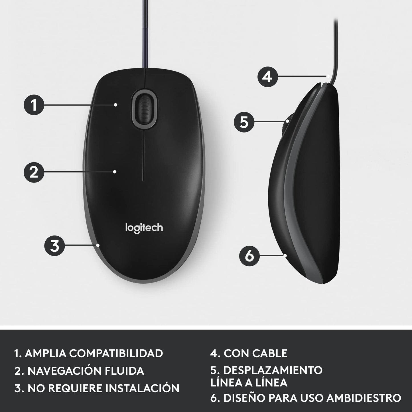Logitech M100 Mouse con Cable USB, 3 Botones, Seguimiento Óptico, 1000 DPI, Ambidiestro, Compatible con PC, Mac, Laptop - Negro
